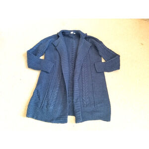 Womens Sweater-GAP-blue wool cable knit long open duster/cardigan collared-M